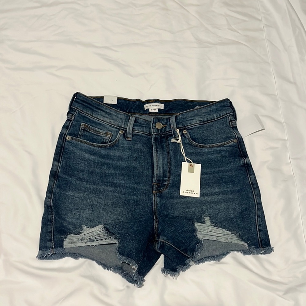 Good American Dark Blue Distressed Denim Jean Shorts